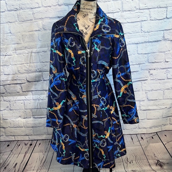 Samuel Dong Navy and Gold Patterned Trench Coat Size Small Double Zipper - Picture 1 of 12